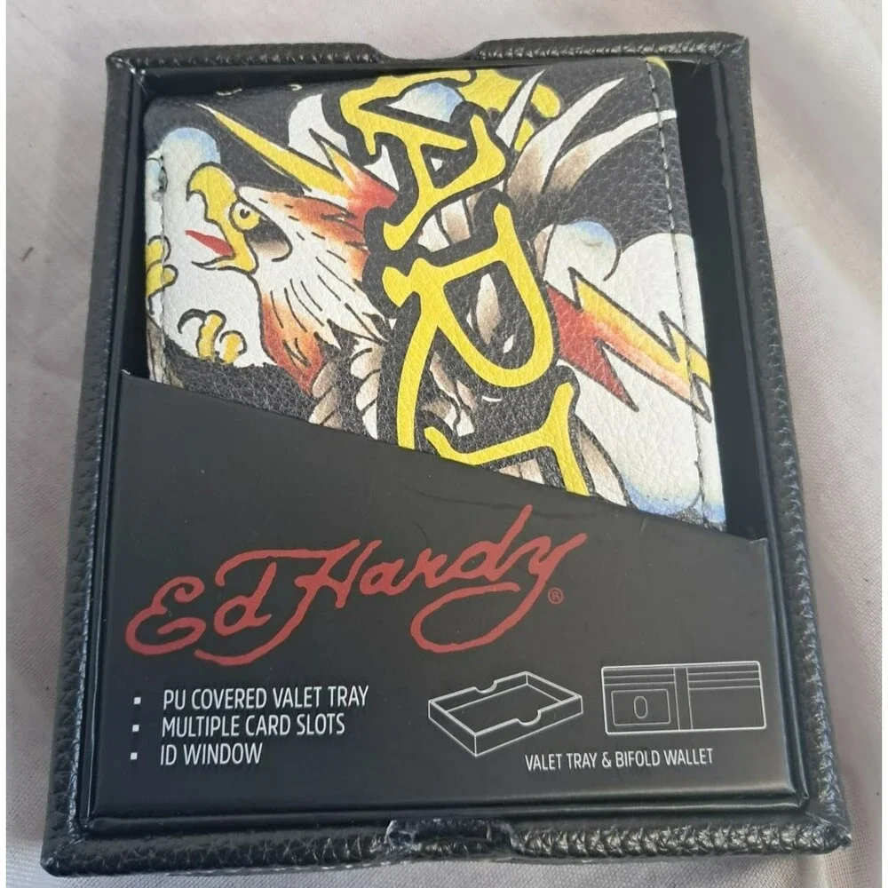 New Ed Hardy Men's Eagle Bifold Wallet Black Id Window And Skull Valet Tray Box